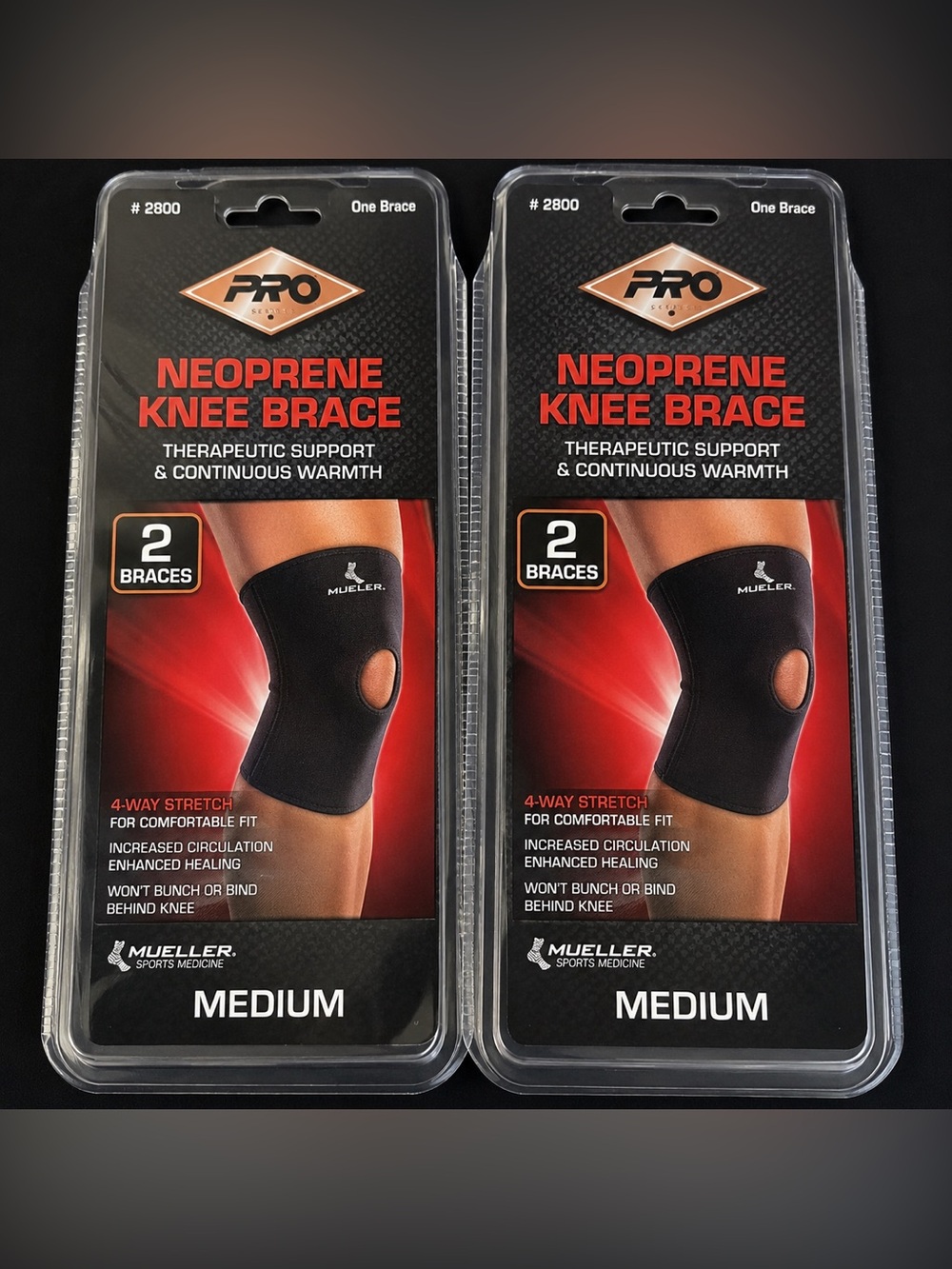 Mueller Pro Neoprene Knee Brace 2 Pack Medium Compression Support Sleeves NIP